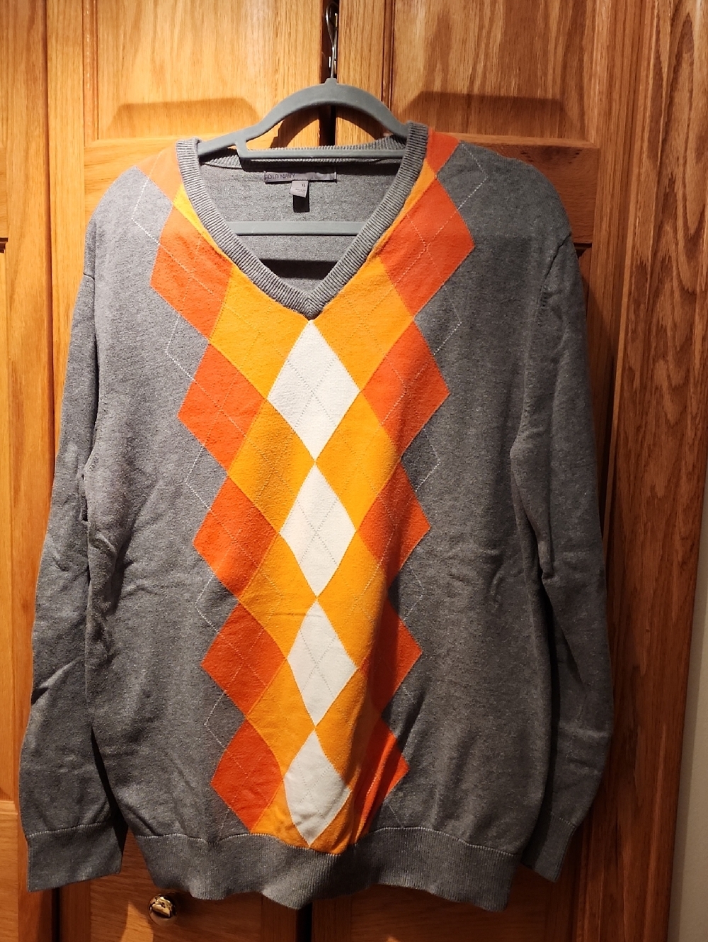 Old Navy Gray V-Neck Argyle Sweater with Orange and Yellow Diamonds